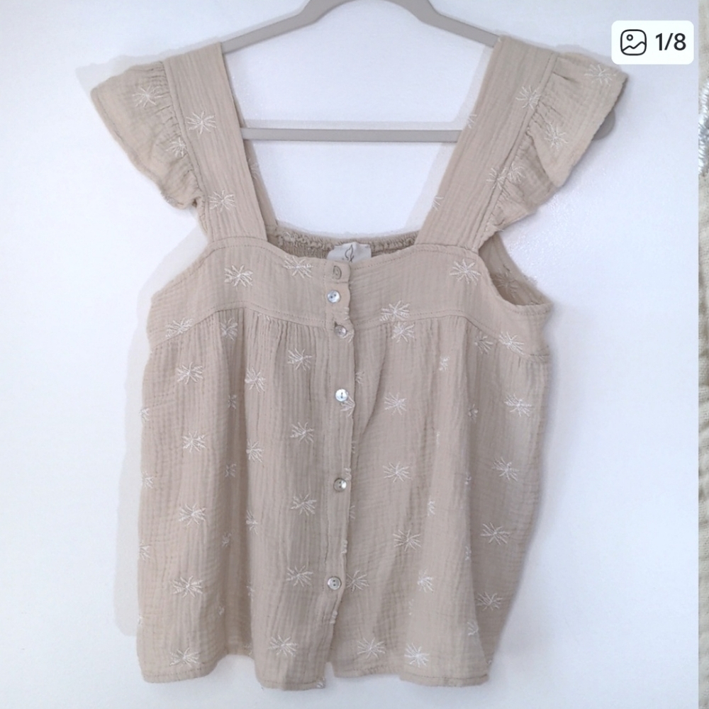 Joie Flutter Sleeveless Embroidered Smocked Button Down Blouse Medium